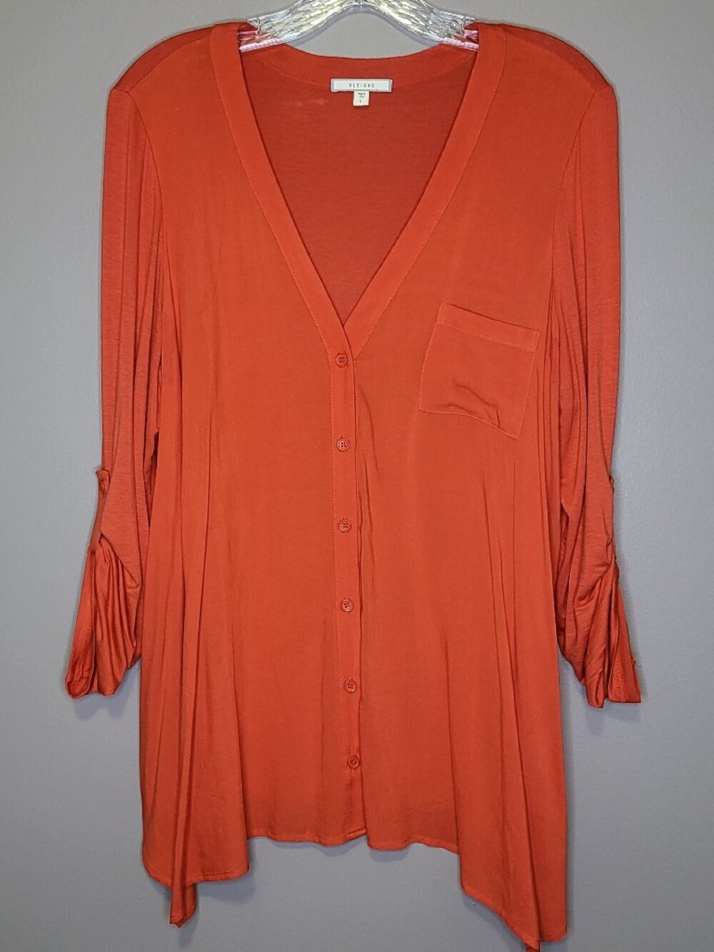 Pleione Orange V-Neck Button Front Blouse Women's Large Roll Tab Sleeve Knit